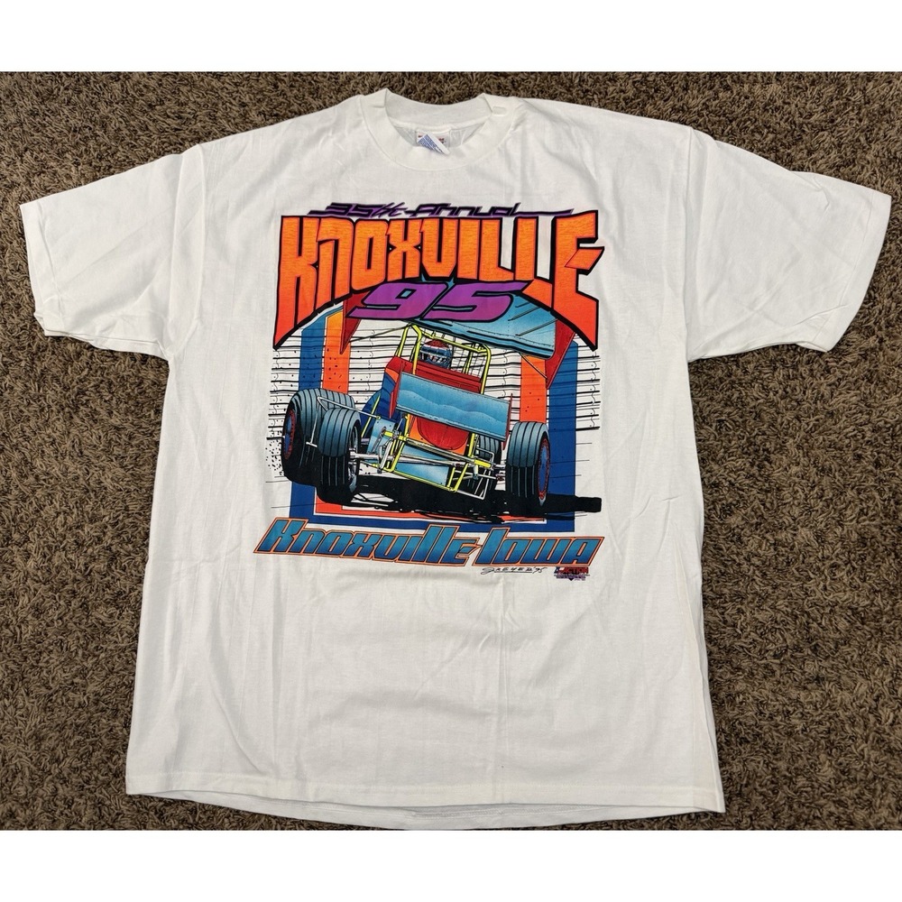 Vintage 1995 T-Shirt Single Stitch Sprint Car Knoxville IO White USA Mens Sz XL